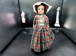 12.5'' GERMAN BRUNETTE DOLL,  WASHABLE OILCLOTH LEATHER BODY, PLAID DRESS, BONNET